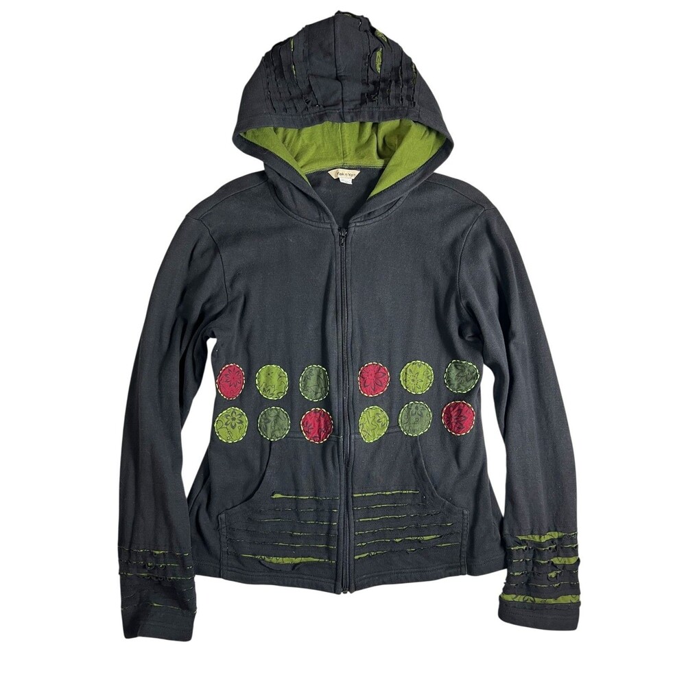 Yak n Yeti Full Zip Fleece Hoodie Jacket Size M Black Lagenlook Artsy Edgy